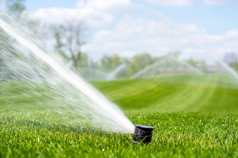Irrigation sprinkler system watering a green lawn